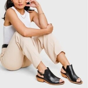 Patina By Portland Leather Black Open-Toe Slingback Sandals With Wooden Heel